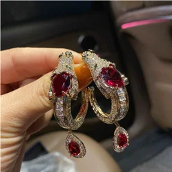 Women Vintage Queen Fashion Dragon Earrings Red Gem Earrings