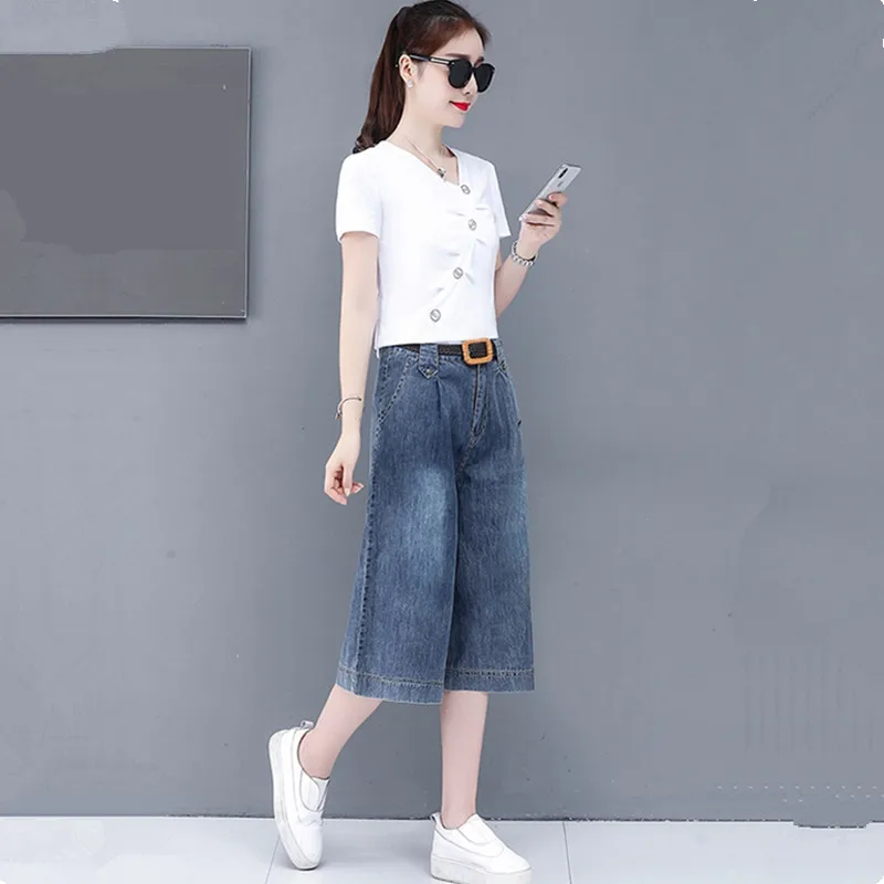 UHYTGF Elegant student sports sets womens fashion denim wide leg pants casual summer 2 piece set women Korean Big size suit 982