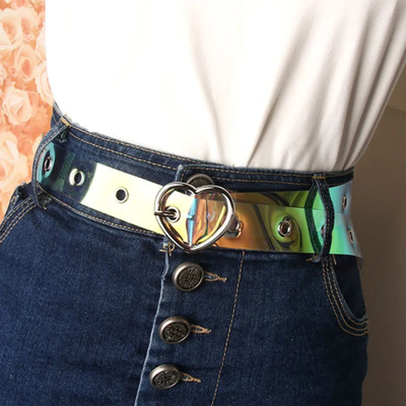 Women\'s Belts Transparent Laser Colorful Holographic Waistbands Round Love Metal Pin Buckle Belt Fashion Casual Punk Decoration