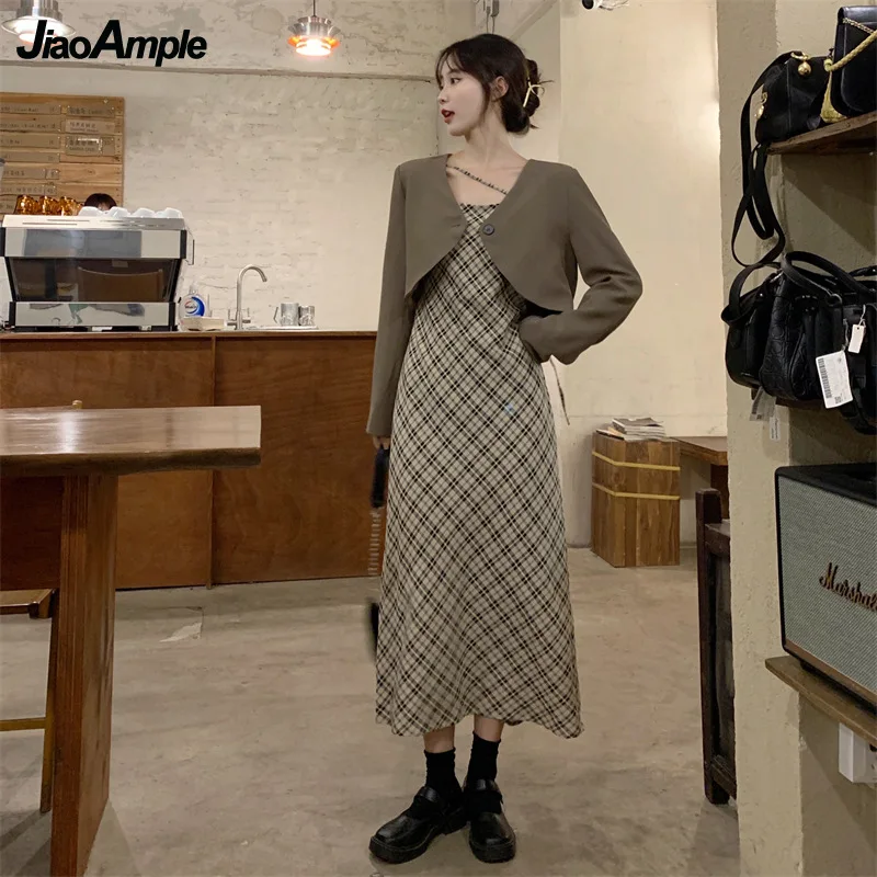 L-4XL Women\'s Midi Skirt Suit Jacket Set Autumn 2021 New Elegant Vintage Blazers Coat Plaid Suspender Fishtail Dress Two-piece