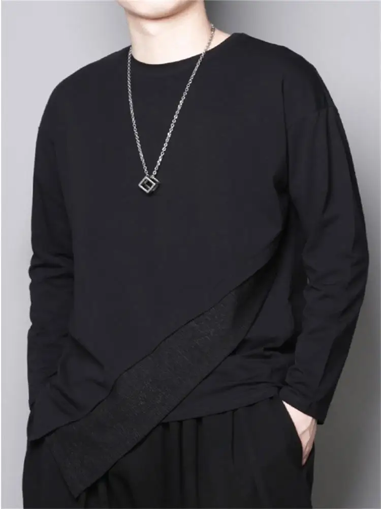 Autumn and winter dark design sense personality stitching irregular hem long sleeve round neck T-shirt men's bottoming shirt top