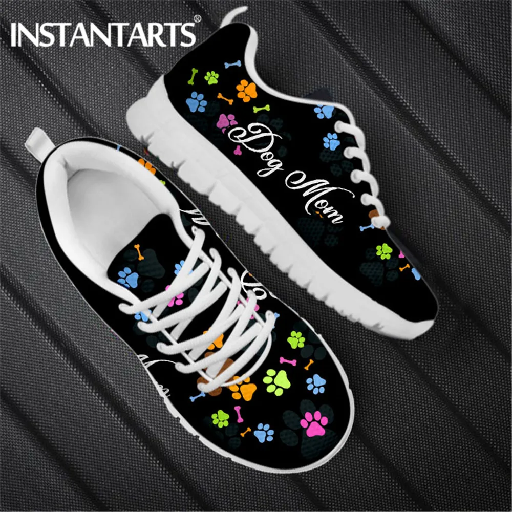 INSTANTARTS Women Shoes Lace Up Sneaker Footwear Dog Mom Animal Paws Brand Design Ladies Flats Walk Shoe Mesh Zapatos Planos