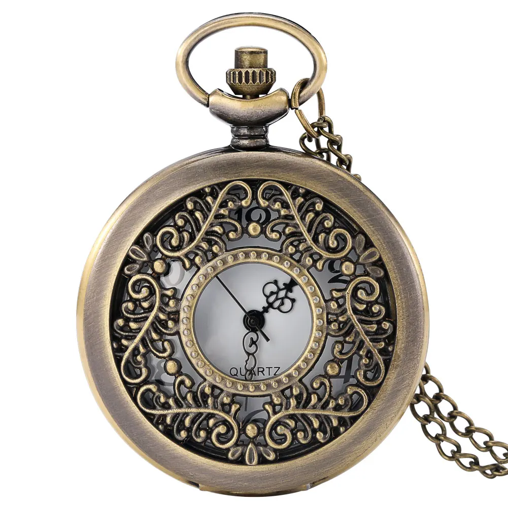 Quartz Necklace Watch Men Women Retro Half Hunter Hollow Pattern Pocket Clock Arabic Numerals Display Antique Pendant Timepiece