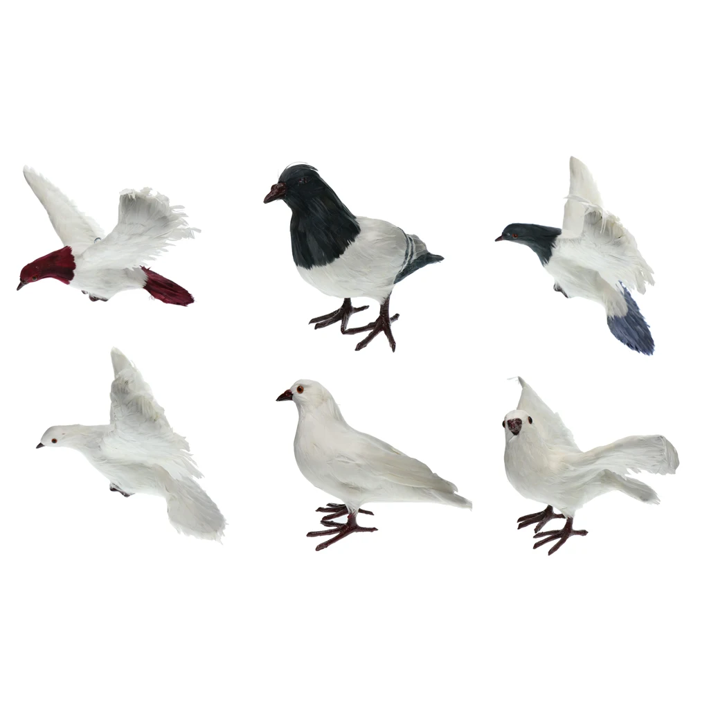 Artificial Feathered White Doves Standing & Flying Realistic Birds Statues Ornaments for Home Tabletop Décor Garden Decoy