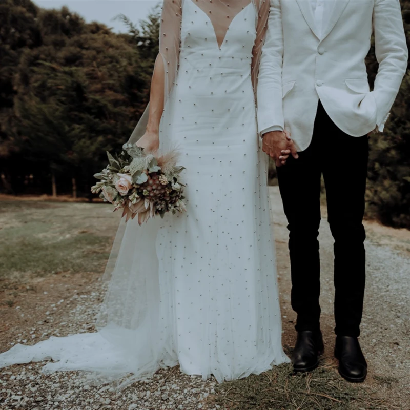 Vestido de novia de manga larga nupcial de dos piezas con perlas, ilusión personalizada, abertura larga de tul, tirantes finos con espalda al aire libre