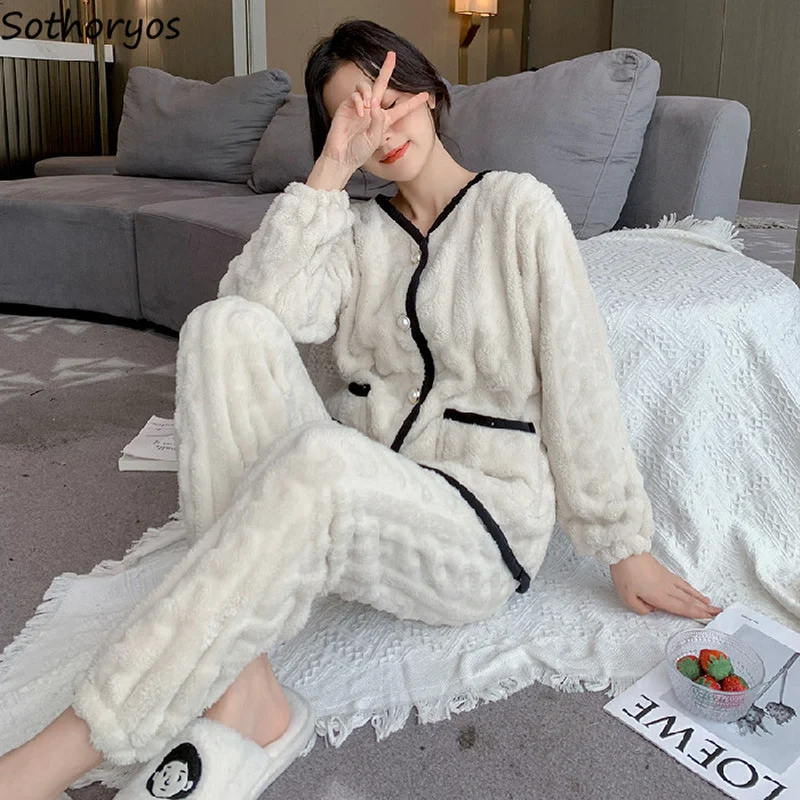 M-4XL Women Pajama Sets Comfortable Soft Plus Velvet Thicker Sweet Coral Fleece Warm Home Wear Female Korean Style Sleepwear