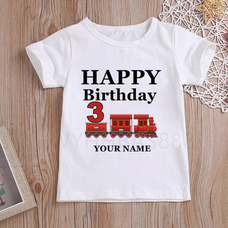 

2021Boys Train Birthday Number Print T Shirt Children Birthday Boy Cartoon Train T-shirts Boy&Girl Funny Gift Tshirt Present