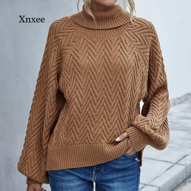 Women's Long Lantern Sleeve Sweater New Autumn Turtleneck Knitwear Loose Pullover Ladies Solid Knitting Streetwear Outwear