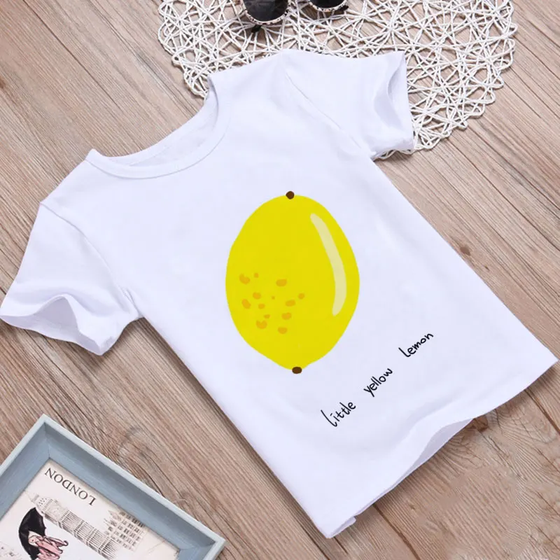 Camiseta divertida de limón para niño, camiseta de frutas para niña, camiseta de diseño para niño con estilo Ins, camiseta blanca Simple de cuello redondo para niño