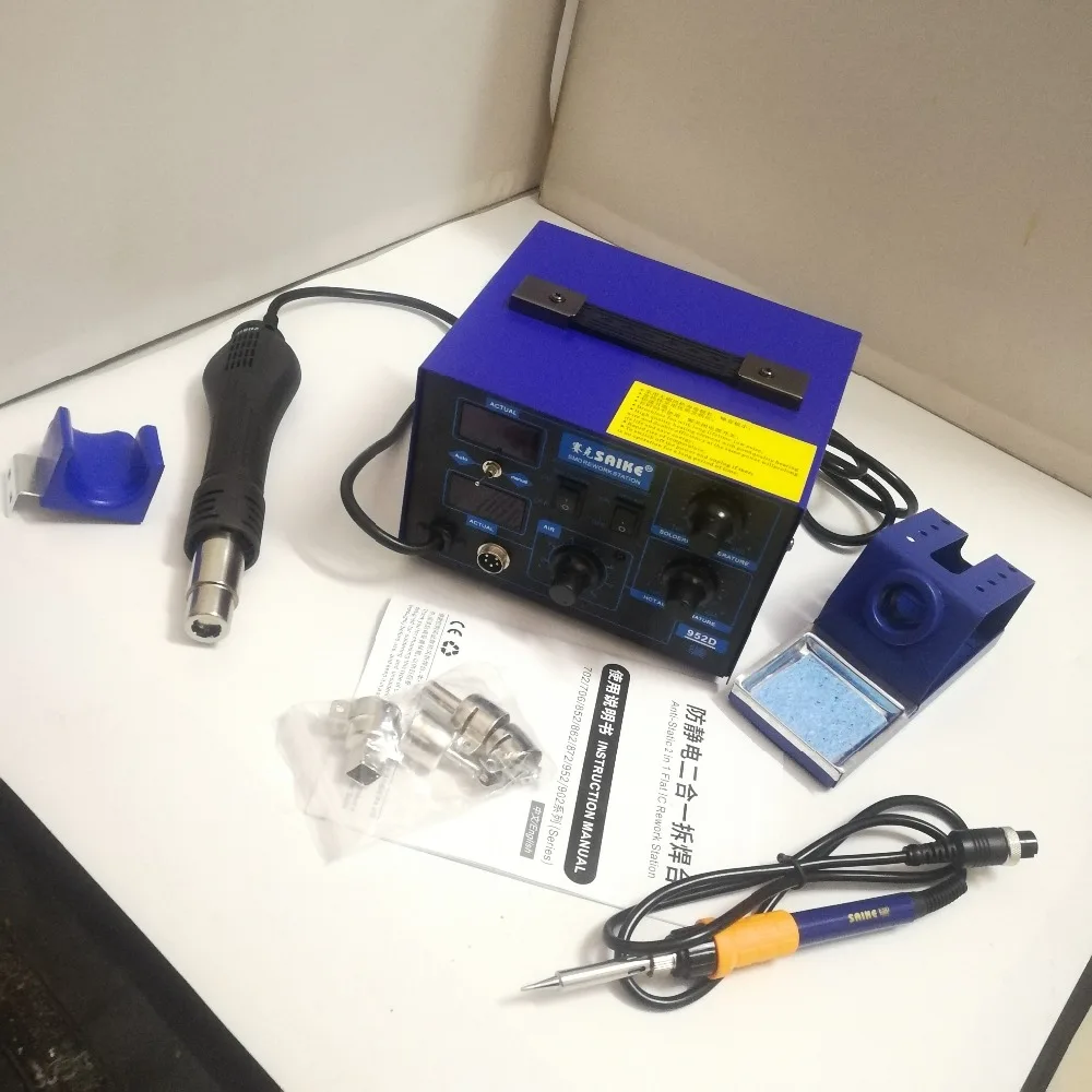 Saike 952D 2 in 1 Solder Rework Station Hot Air Gun + Soldering Iron 760W   100-480 C   110V/220V