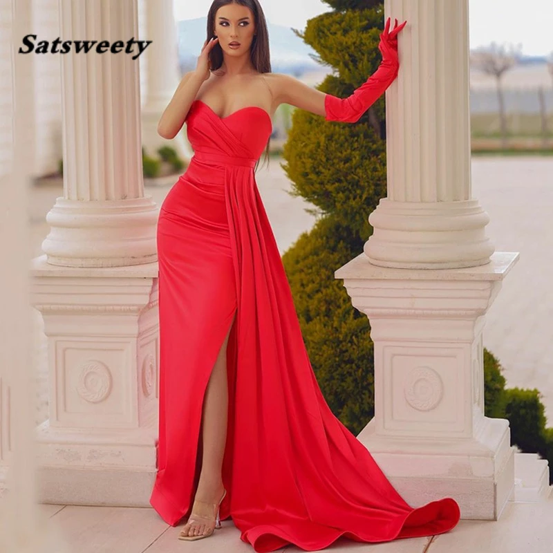 

Sexy Satin Red Mermaid Long Evening Dress Off Shoulder Sweetheart Backless Prom Gown Train Side Split Vestidos De Noche