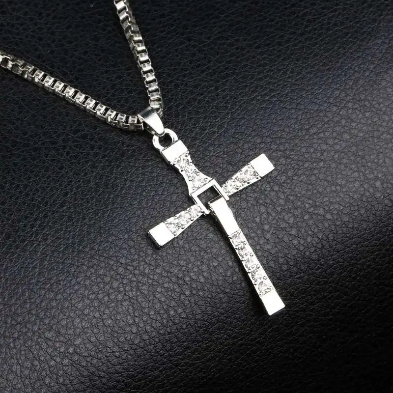 Vienkim The Fast And The Furious Dominic Toretto Vin New Movie Jewelry Classic Rhinestone Pendant Sliver Cross Necklaces Men