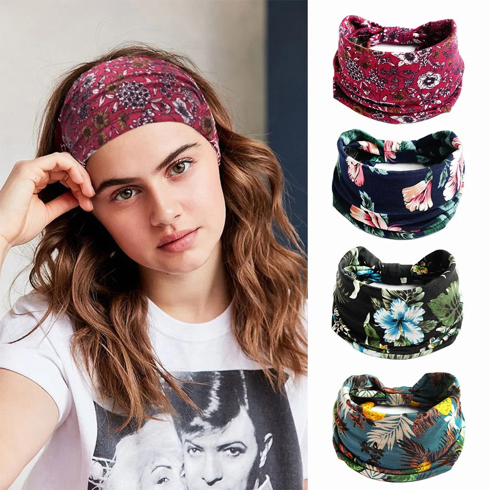 

Bohemian Turban Headband for Women Knoted Wide Hair Bands Yoga Headwrap Floral Print Cotton Bandana Girls Accessories Bandage