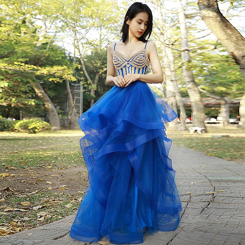 Vestido de noche largo de tul con cuello en V para mujer, vestido de fiesta de lujo con lentejuelas, tirantes finos, color azul y rosa, 2020