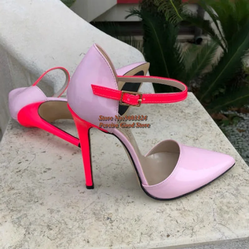 Ankle Strap Pink Heels Leather Dress Shoes Cut-outs Gladiator Heels Party Shoes Pointed Toe Patchwork High Heel Pumps