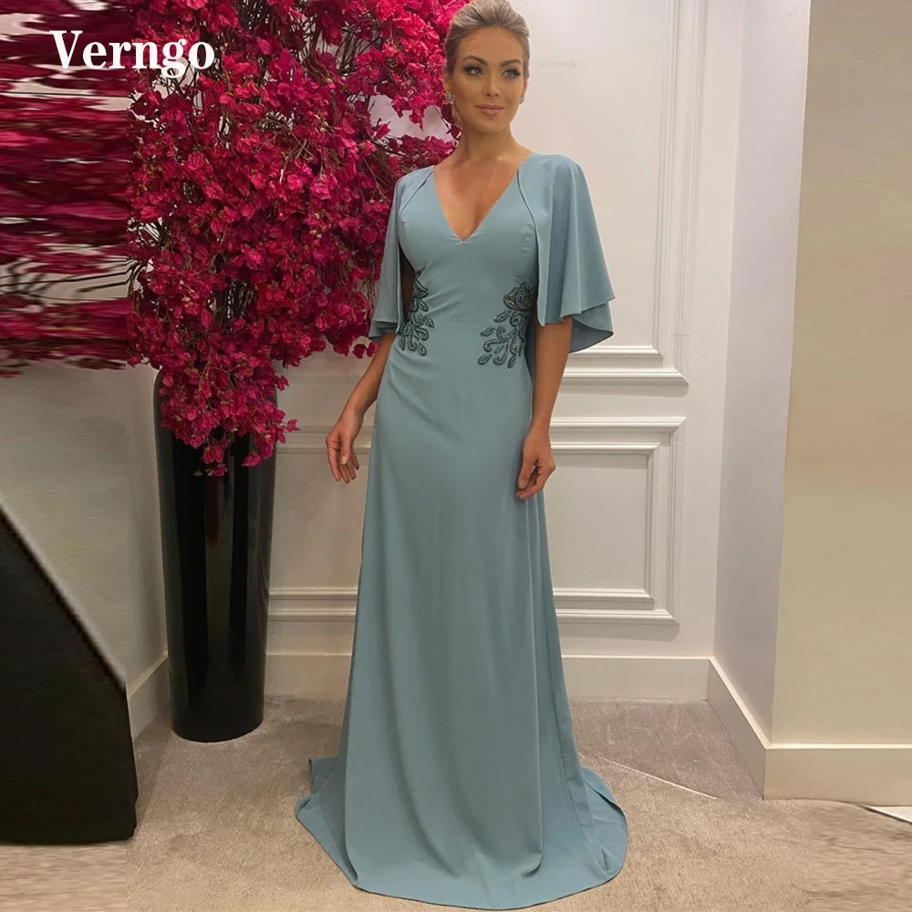 

Verngo Elegant Mother Long Formal Evening Dresses With Cape Sleeves V Neck Stretch Satin Applique Prom Dress Plus Size 2021