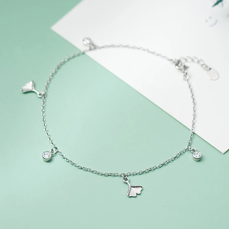 Decoration On Foot Jewelry Silver Anklets For Women Bobby Socks Chain 925 Sterling Silver Apricot Leaf 21CM Adjustable
