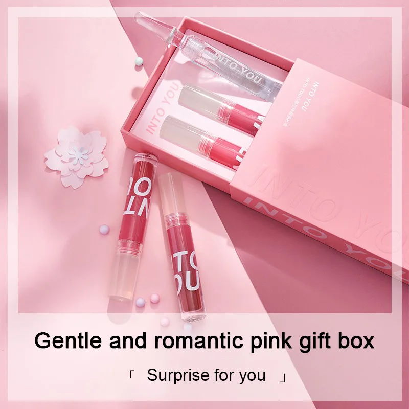 INTO YOU 3 Pcs Lip Gloss Lip Balm Set Moisturizing Liquid Lipstick Long Lasting Lip Tint Makeup Care Gift Box