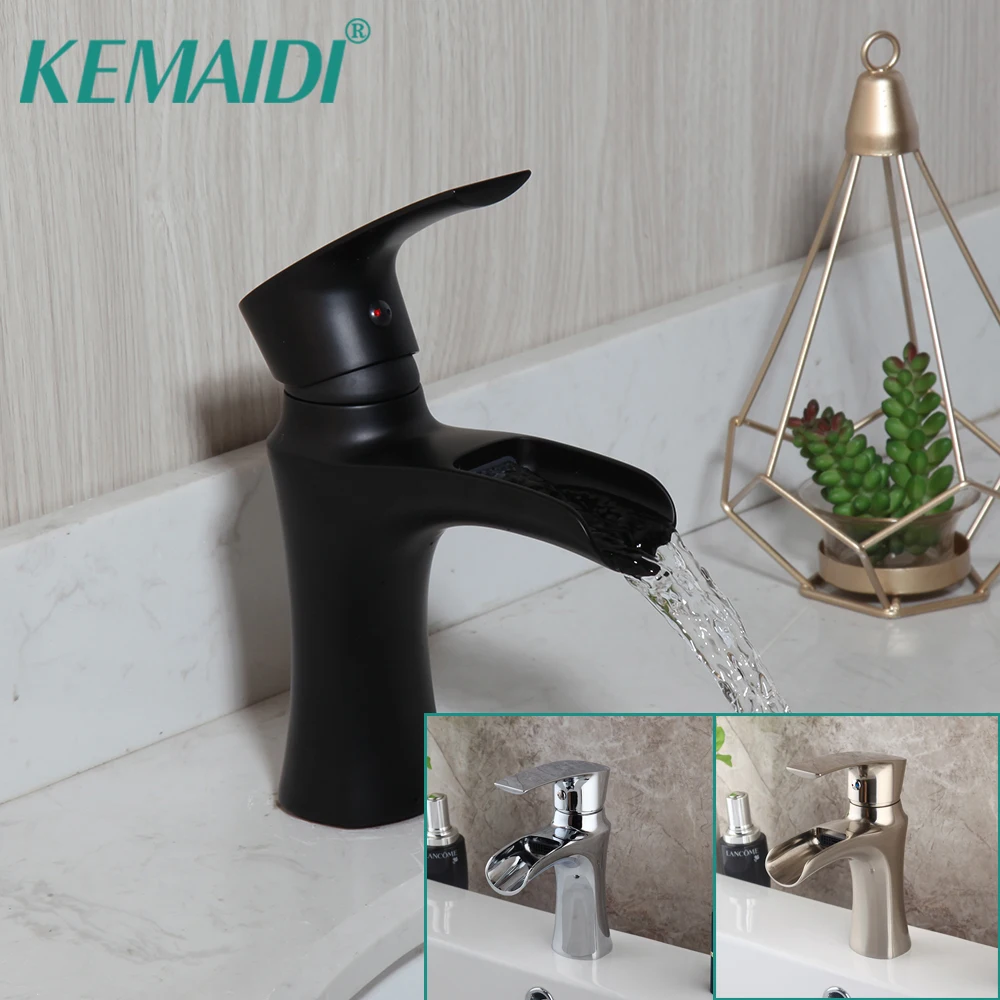 

KEMAIDI Matte Black Deck Mounted Waterfall Basin Faucet Chrome Tap Hot And Cold Water Carved Bathroom Faucets Mixer