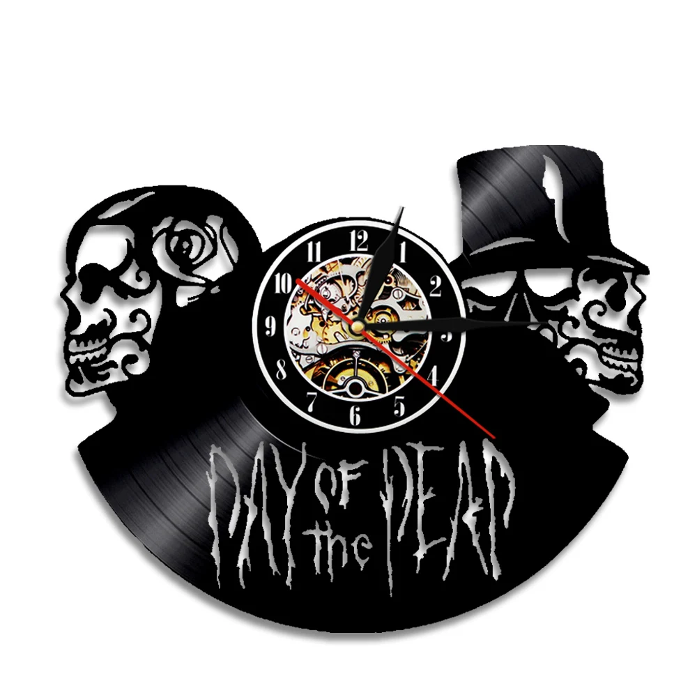 Dia De Muertos Day of the Dead Wall Clock Skulls Vinyl Record Wall Clock Halloween Death Skeletons 3D Hanging Watch Horror Decor