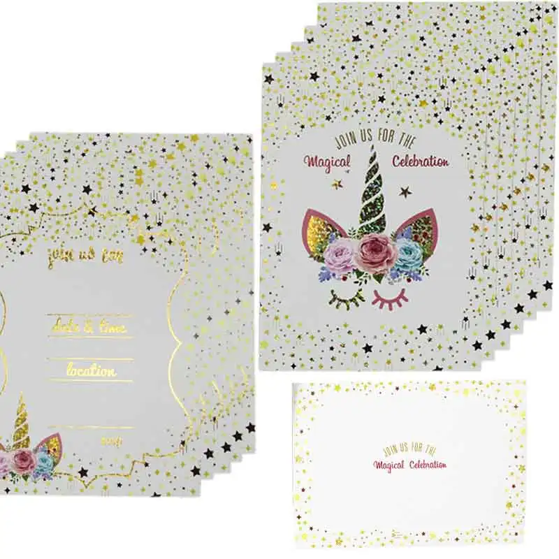 Unicorn Invitations Card Unicornio Party Happy Birthday Party Kids Decorations baby shower Favors Invitation Cards Envelopes
