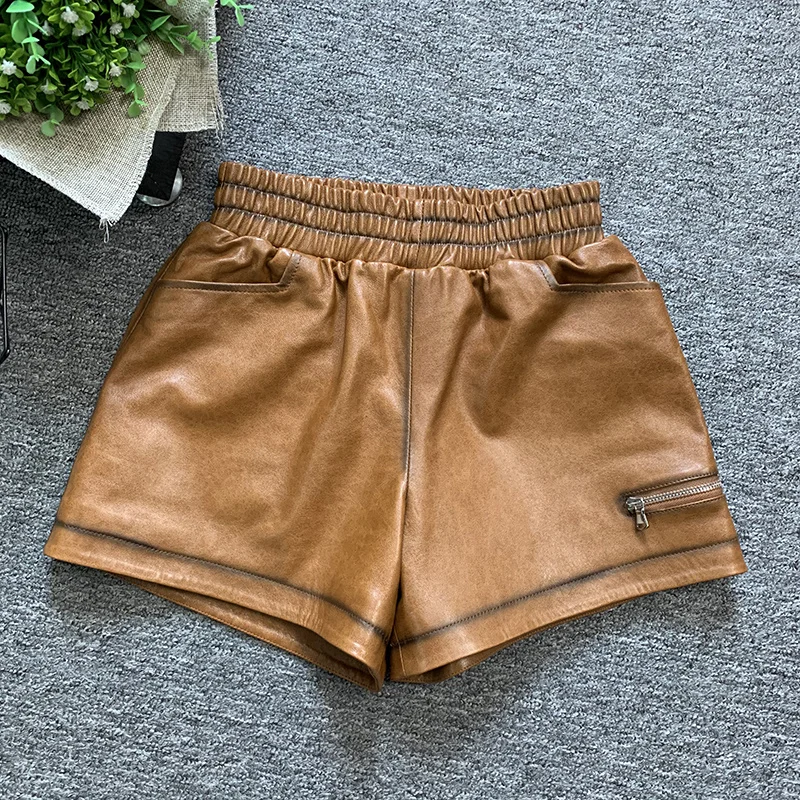 Women Autumn Elastic Waist Real Leather Shorts Leisure High Waist Wrap Wide Leg Shorts Vintage Loose A-Line Shorts Female