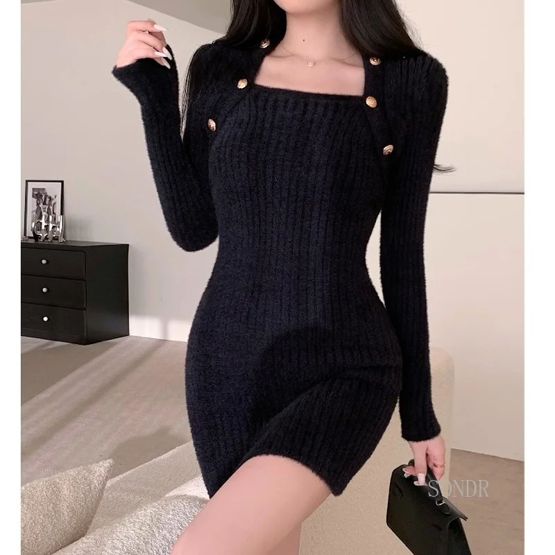 

Faux Mink Knitted Bodycon Dress Elegant Women Autumn Winter Dress 2021 Vintage Beaded Square Collar Knitted Slim Mini Dress