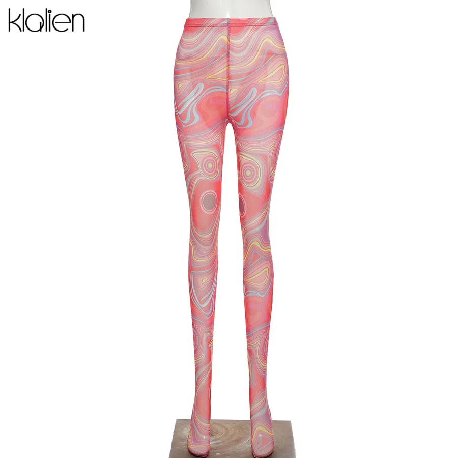 KLALIEN Print Mesh Foot Pants Women High Waist Skinny Body-shaping Leggings 2021 Fashion Sexy Casual Street Female Trousers