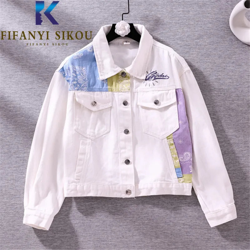 

Jeans Jacket Women Graffiti Print Fashion Spliced White Denim Jackets Double Pocket Lapel Loose Short Jeans Coat Female 2021 New