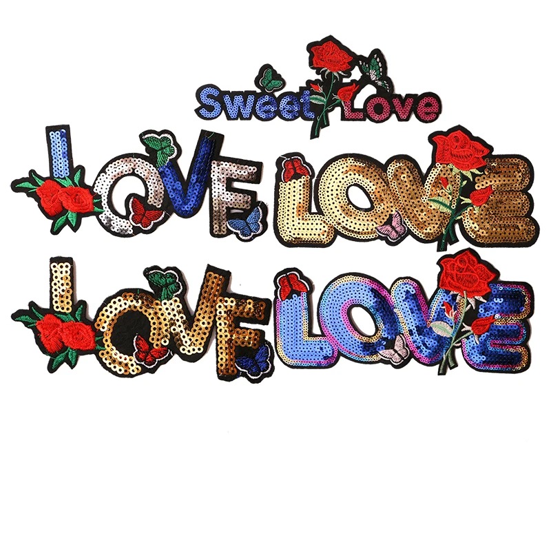 

Love with roses sequin icons icon Embroidered Iron on Patches for Clothing DIY Stripes Clothes Patchwork Stickers Custom Badges