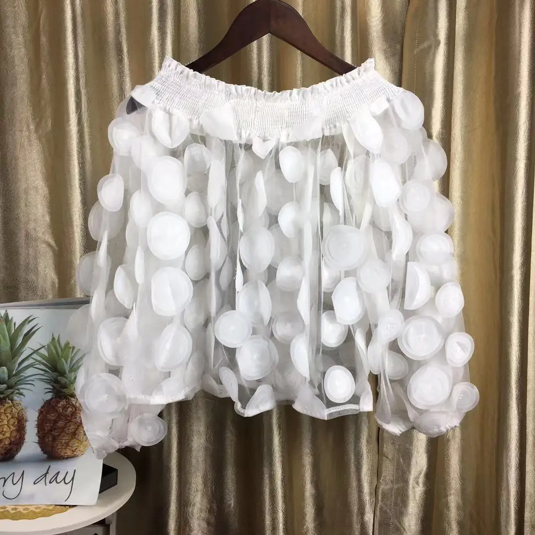 Small Girl Sexy PerspectiveTops Women 2024 New Spring Puff Sleeves See Through Gauze Sweet Shirts Fashion Appliques Blouse