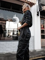 Nerazzurri Autumn Black Soft Faux Leather Cargo Jumpsuit Women Long Sleeve Zipper Luxury Designer Clothes 5xl 6xl 7xl - Image 3