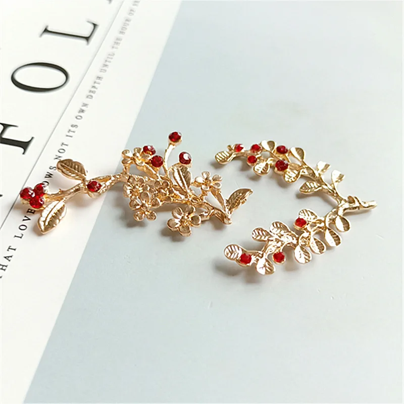 10 Pcs/lot Alloy Branch Gold Red Rhinestone Buttons Pendants Decorative Jewelry Earrings Choker Hair DIY Jewelry Accessories