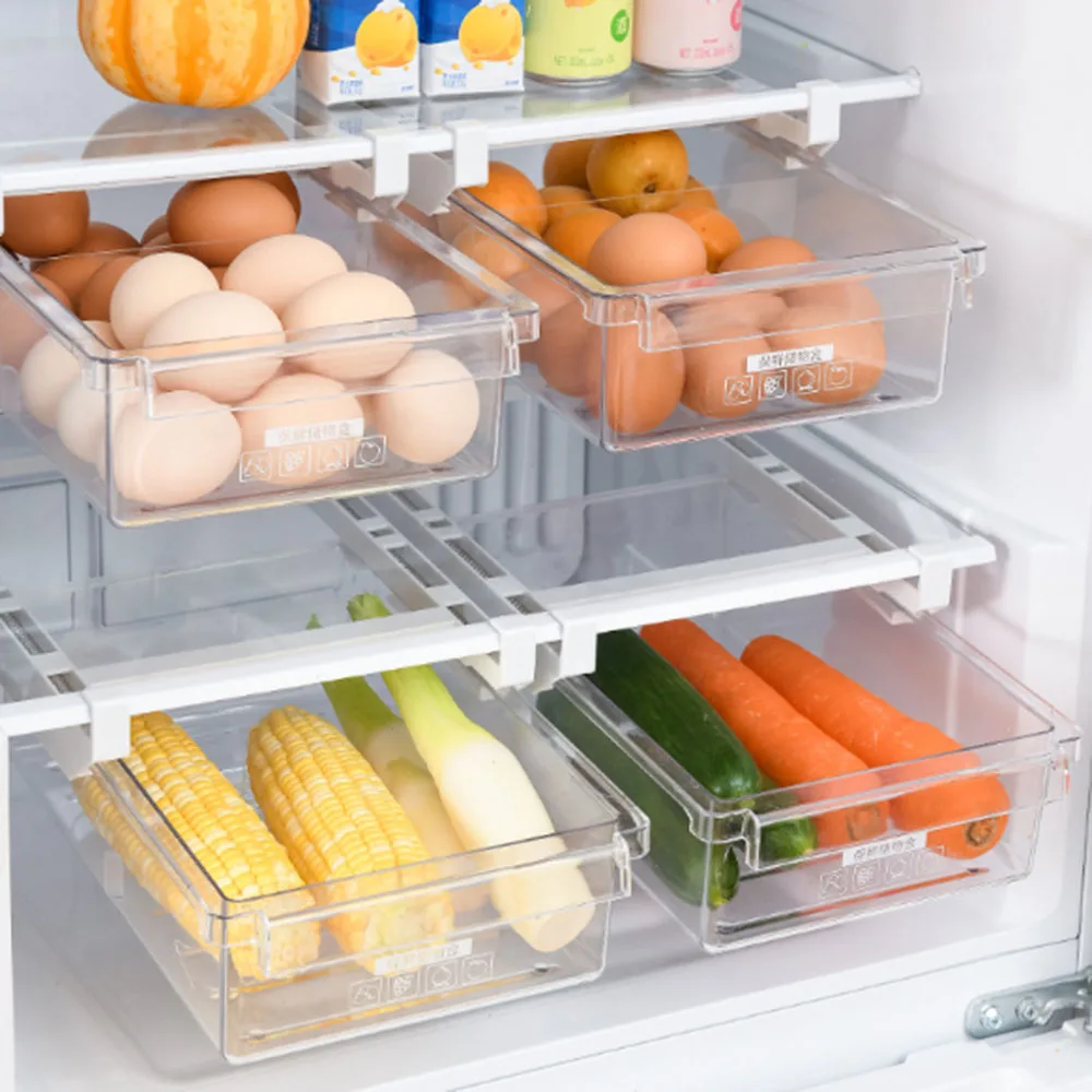 Fridge Organizer Storage Rack Fridge Freezer Shelf Pull-out Refrigerator Storage Box Food Preservation Partition Container