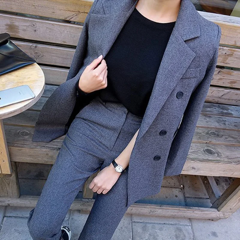 

Fashion Business Pant Suits Uniform Formal Double Breasted Jacket and Long Pant Black Blazer Set Women OL 2 Two Pieces Suits