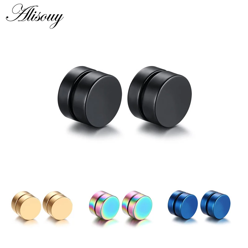 Alisouy 1 Pair Magnetic Round Stud Earrings For Men Boy 316l Stainless Steel Magnet Ear Jewelry Don't Need Ear Canal