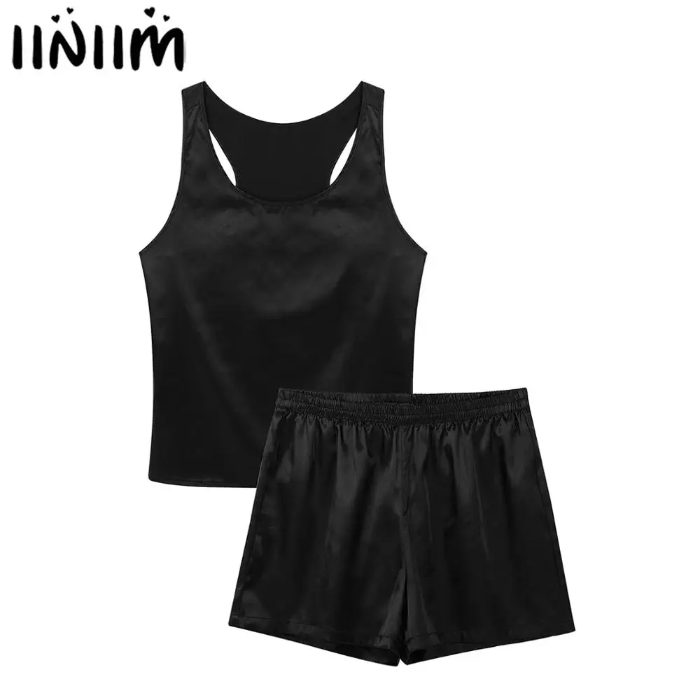 

Mens Satin Pajamas Nightwear Sleeveless Tank Top with Shorts Sleepwear Pajama Sets Nightclothes Summer Nightgown Loungewear