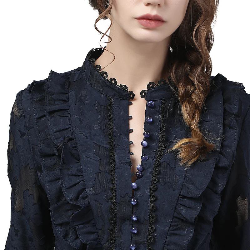 Flared Sleeve Lace Tops Women Autumn New Fashion Long Sleeved Ruffles Mesh Shirts Loose Plus Size Female Causal Office Blouses