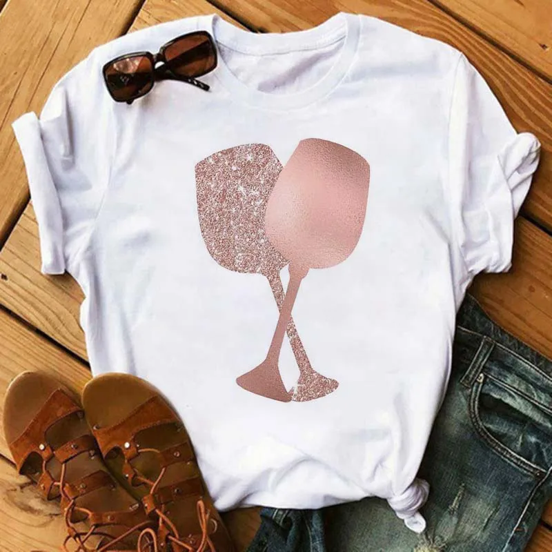 Women T-Shirt Kawaii Rose Gold Wine Glasses Print White T-Shirt Casual Ladies Tshirt Fashion T Shirt Female Camisetas