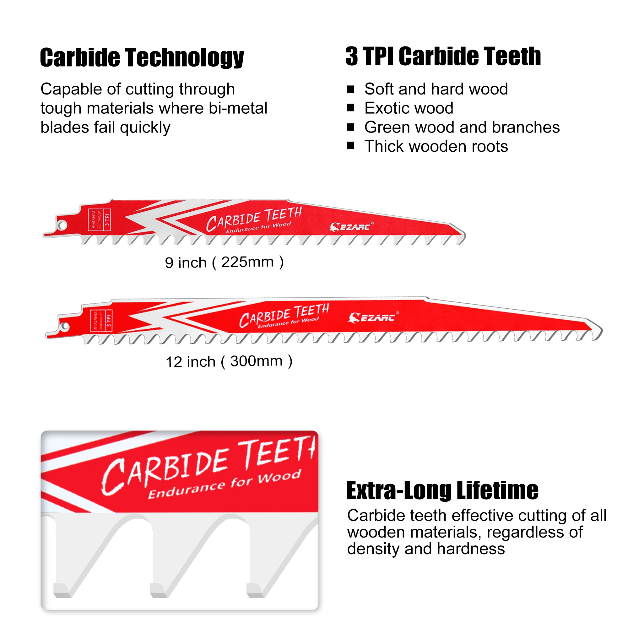 EZARC 3Pcs Carbide Reciprocating Saw Blade R1243HM Endurance for Hard Wood，9 & 12-Inch 3TPI, 3-Pack