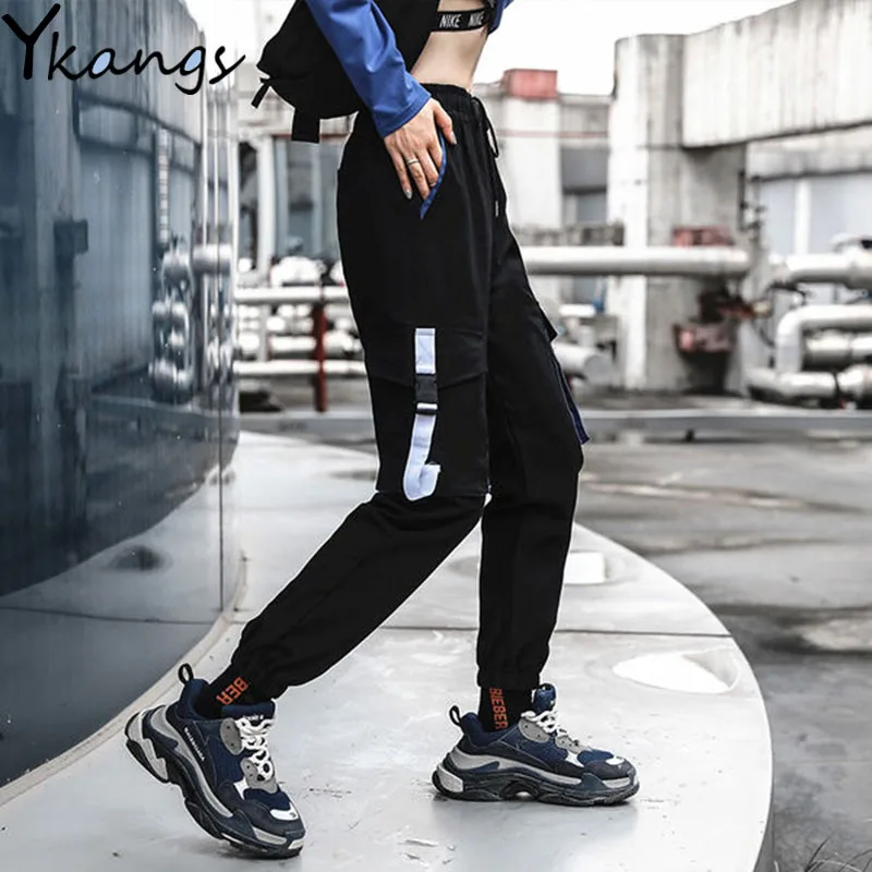 Vrouwen Broek Patchwork Hip Hop Cargo Broek Losse Streetwear Potlood Broek Zwarte Hoge Taille Vrouwen Zakken Pantalone Streetwear