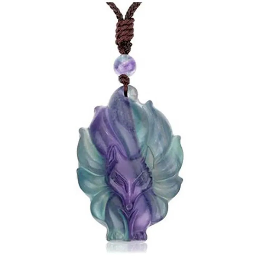 

Fox Necklace For Women Natural Fluorite Crystal Colorful Nine Tailed Fox Pendant Carved Stone Pendant Adjustable Rope Jewelry