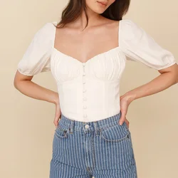 Womens Tops And Blouses 2021 Sweetheart Neck Short Puff Sleeve Front Button Vintage Elegant Blouse Women Fitted Casual White Top