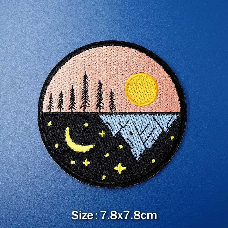 Mountains Rivers Sun Moon DIY Iron On Patches Embroidery Applique Clothes Sewing Supplies Decorative Badges Peace Scenery