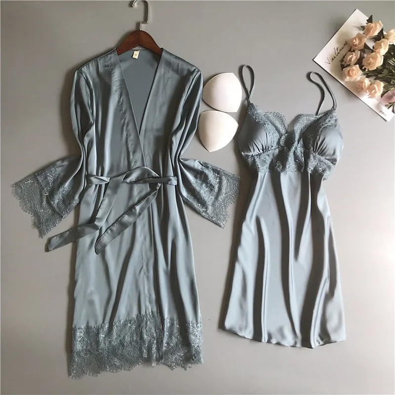 White V-neck Lace Sexy Lady Nightgown&Robe Set With Bra Bride Bridesmaid Wedding Robe Soild Satin Casual Home Dressing Gown M-XL