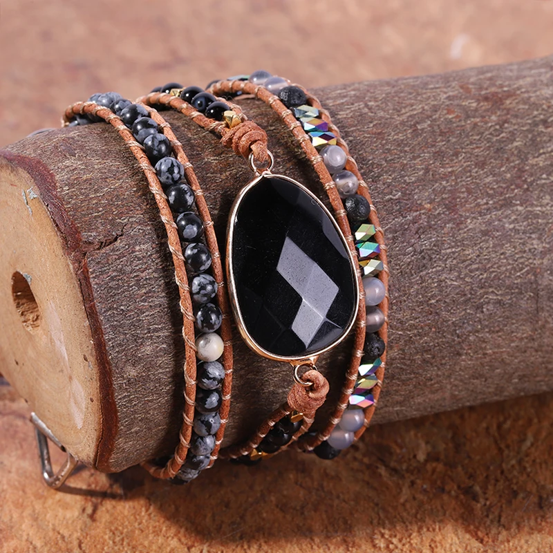 

Inspired Designer Leather Bracelet Black Onyx Mix 3 Strands Woven Wrap Bangles Bohemian Jewelry