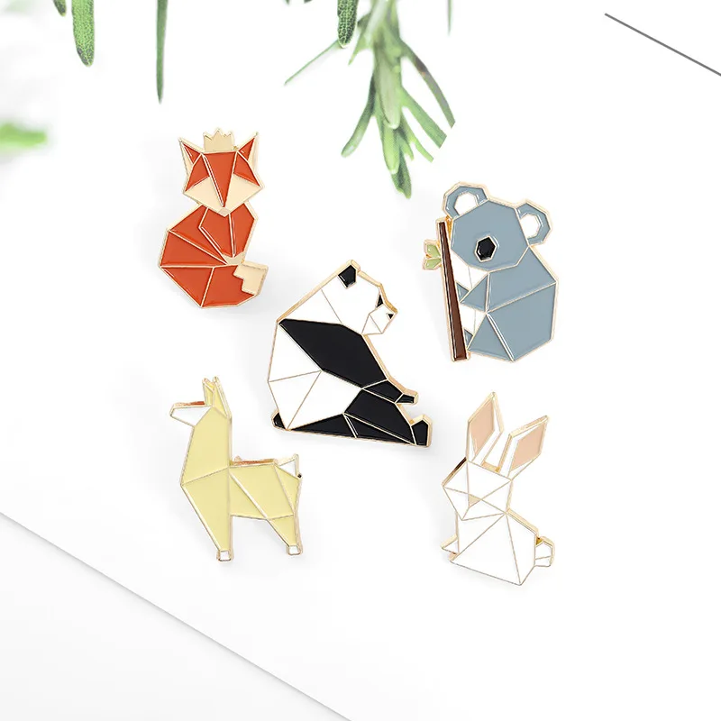 Japanese Geometric Square Design Simple Cute Animal Brooch Cartoon Sloth Panda Fox Rabbit Alloy Enamel Lapel Bag Pin Jewelry