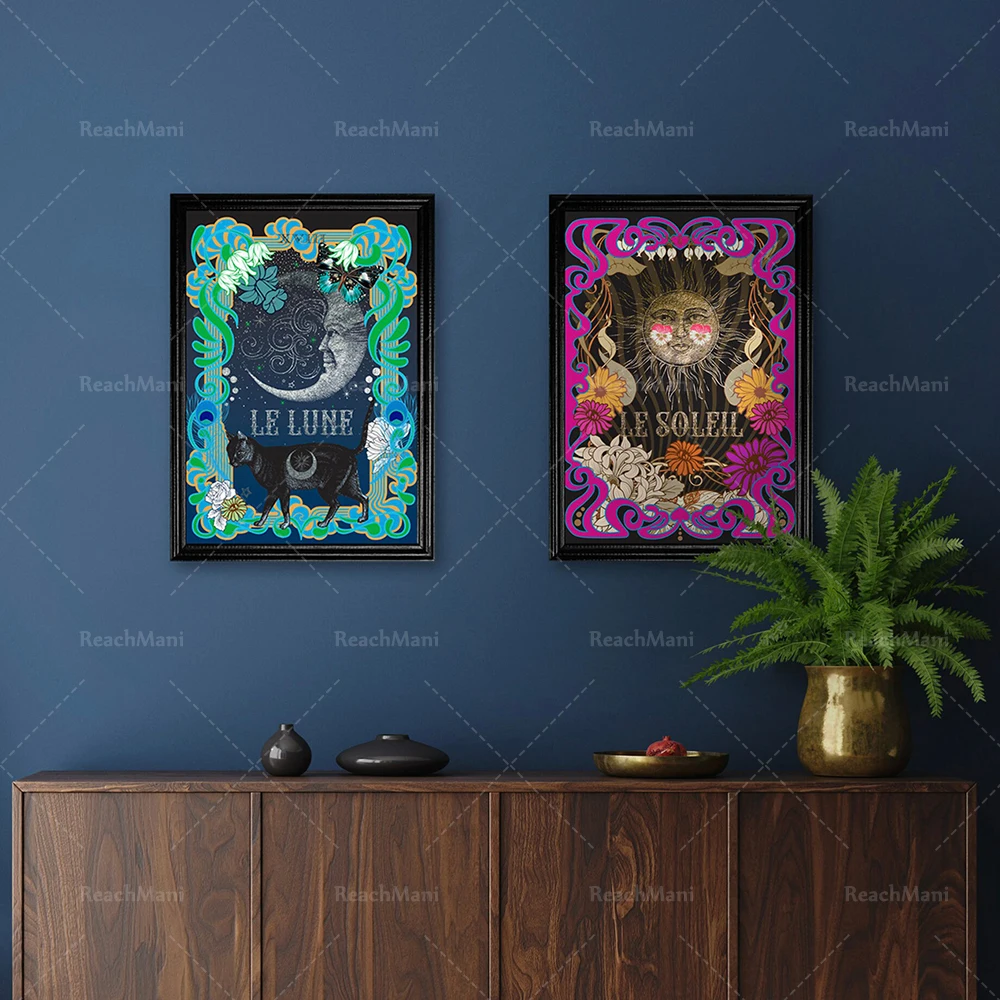 

Tarot card Le Soleil, La Lune wall art Bohemian canvas painting poster hippie Nordic bedroom living room decoration