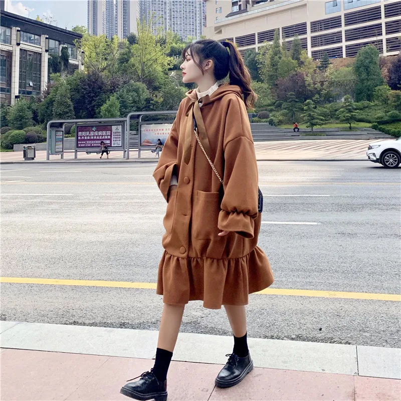 Sweet Woolen coat 2020 autumn and winter new popular Korean loose mid-length hooded ruffled woolen coat women