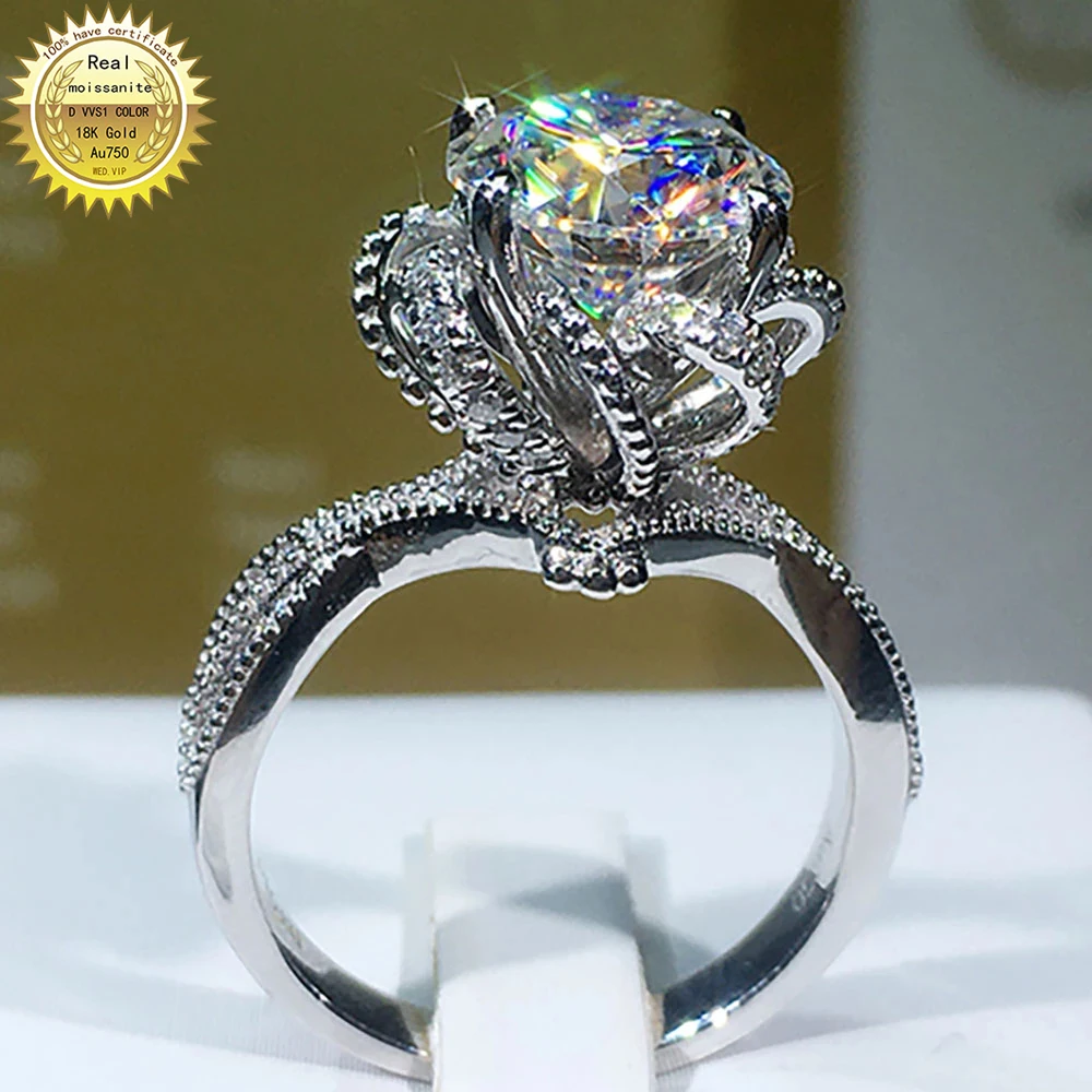 

18K White Gold Women Wedding Party Engagement Ring 1 2 3 4 5 Carat Round Moissanite Diamond Ring Flower Rotate Spin Elegant